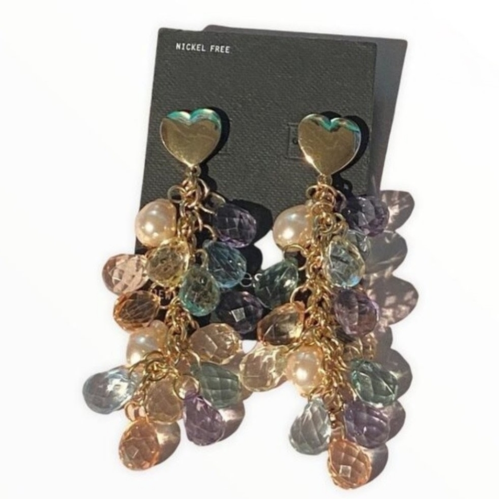 Statement Long Multicolor Bead Dangle Earrings With Gold Hearts At Top New